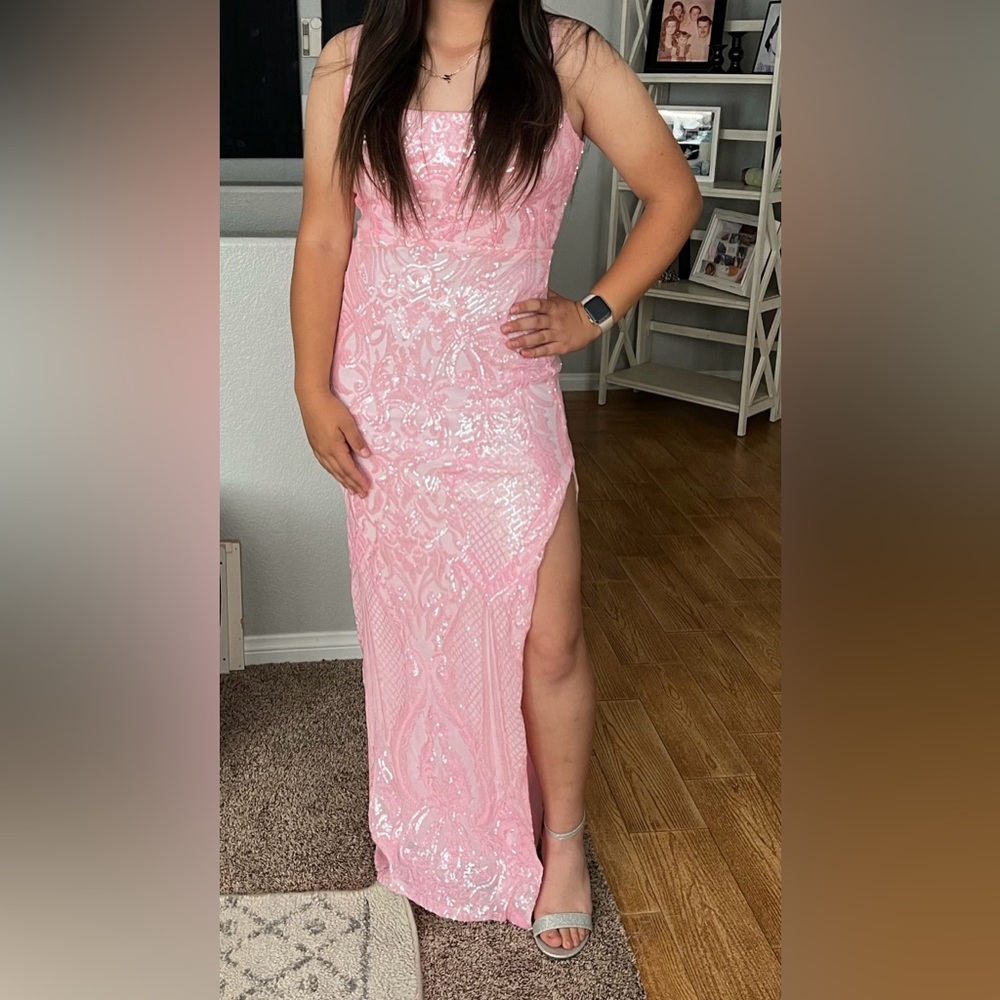 Windsor - Bethany Formal Pink Sequin Slit Long Dress (New)